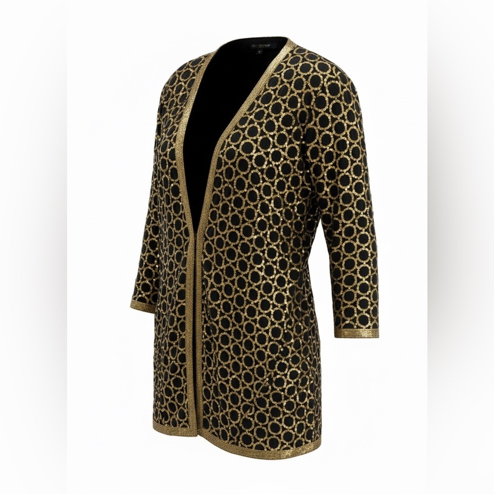Vintage Sequin 100% Silk Black & Gold Duster Jacket Made in India P2P 24”